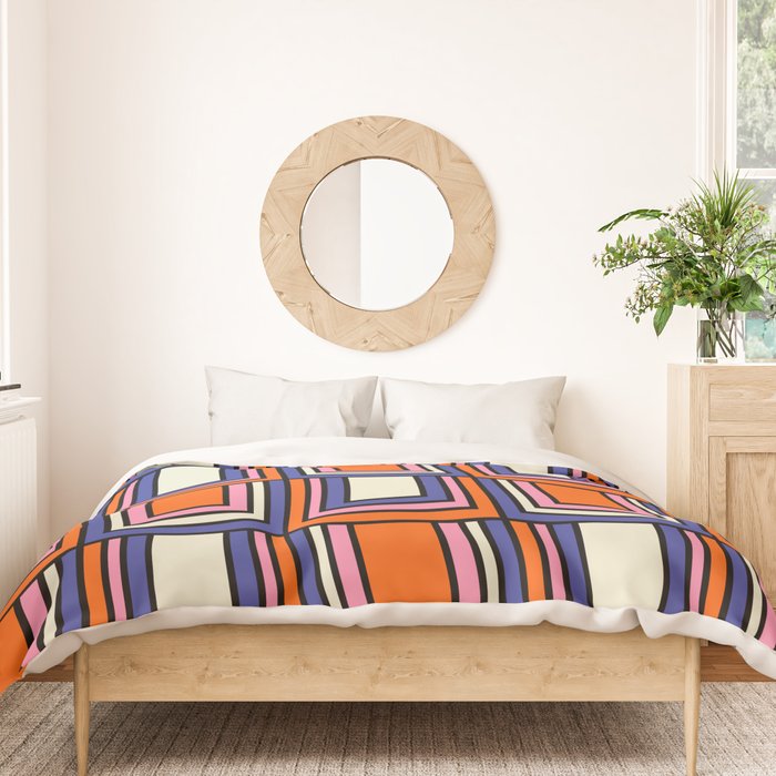Colorful Retro Geometric Mod Portes Pattern Blue Orange Pink Cream Duvet Cover Gallery Image 3