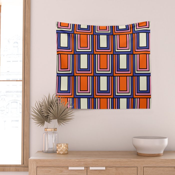 Colorful Retro Geometric Mod Portes Pattern Blue Orange Pink Cream Wall Tapestry Gallery Image 2