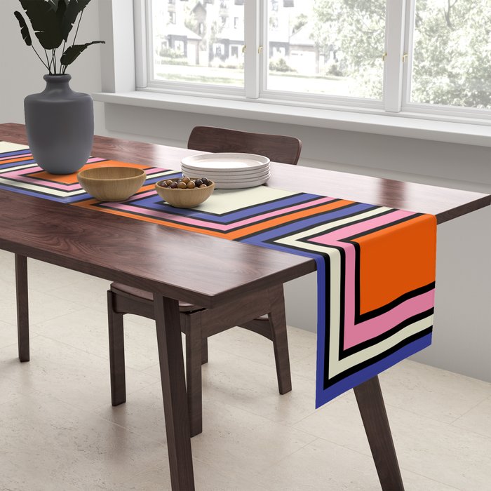 Colorful Retro Geometric Mod Portes Pattern Blue Orange Pink Cream Table Runner Gallery Image 2