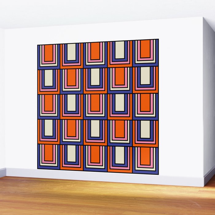 Colorful Retro Geometric Mod Portes Pattern Blue Orange Pink Cream Wall Mural Gallery Image 2