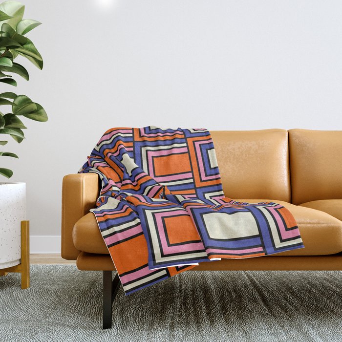 Colorful Retro Geometric Mod Portes Pattern Blue Orange Pink Cream Throw Blanket Gallery Image 1