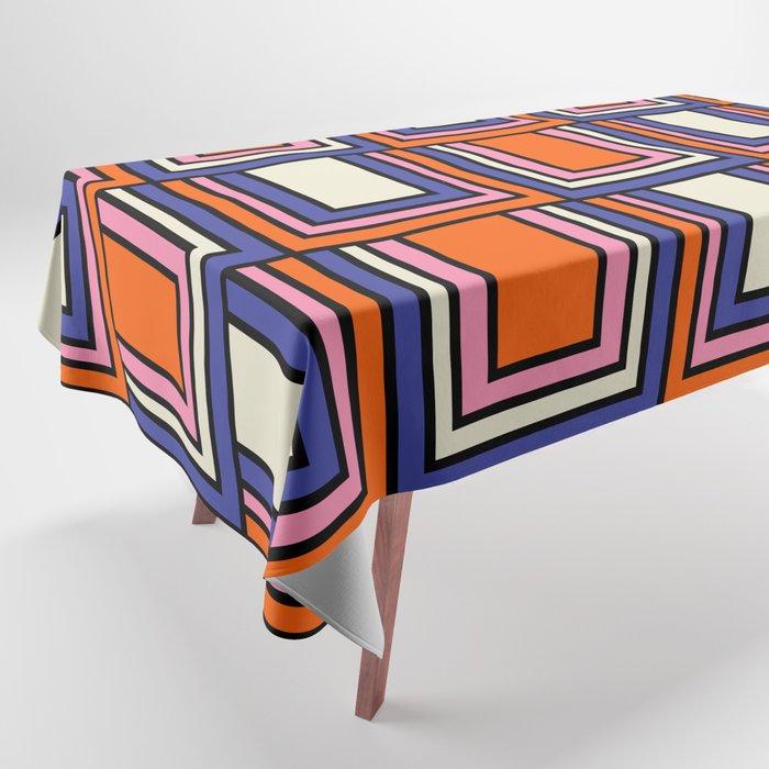 Colorful Retro Geometric Mod Portes Pattern Blue Orange Pink Cream Tablecloth Gallery Image 1