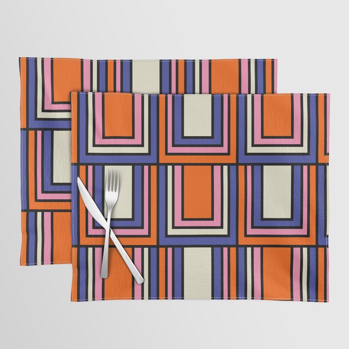 Colorful Retro Geometric Mod Portes Pattern Blue Orange Pink Cream Placemat Gallery Image 1