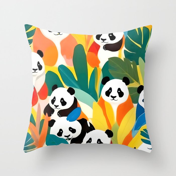 Pandas & Tropical, Nature Botanical Jungle Boho, Plants Wildlife Cute Animals, Funny Eclectic Summer Contemporary Painting Illustration  Throw Pillow Gallery Image 6