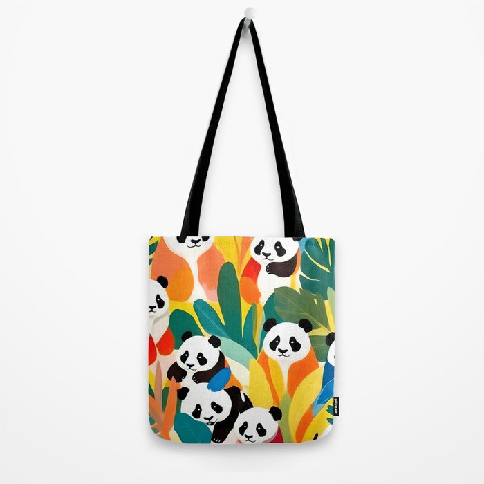 Pandas & Tropical, Nature Botanical Jungle Boho, Plants Wildlife Cute Animals, Funny Eclectic Summer Contemporary Painting Illustration  Tote Bag Gallery Image 2