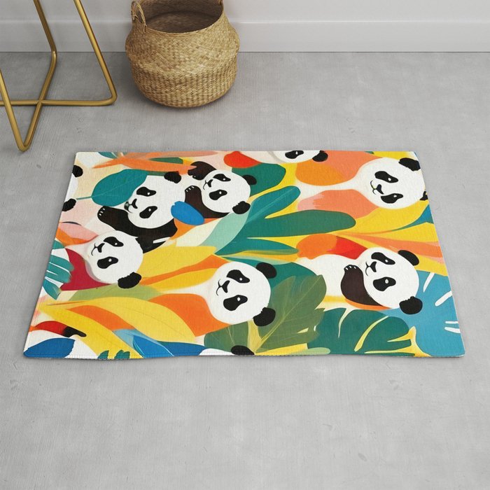 Pandas & Tropical, Nature Botanical Jungle Boho, Plants Wildlife Cute Animals, Funny Eclectic Summer Contemporary Painting Illustration  Rug Gallery Image 1