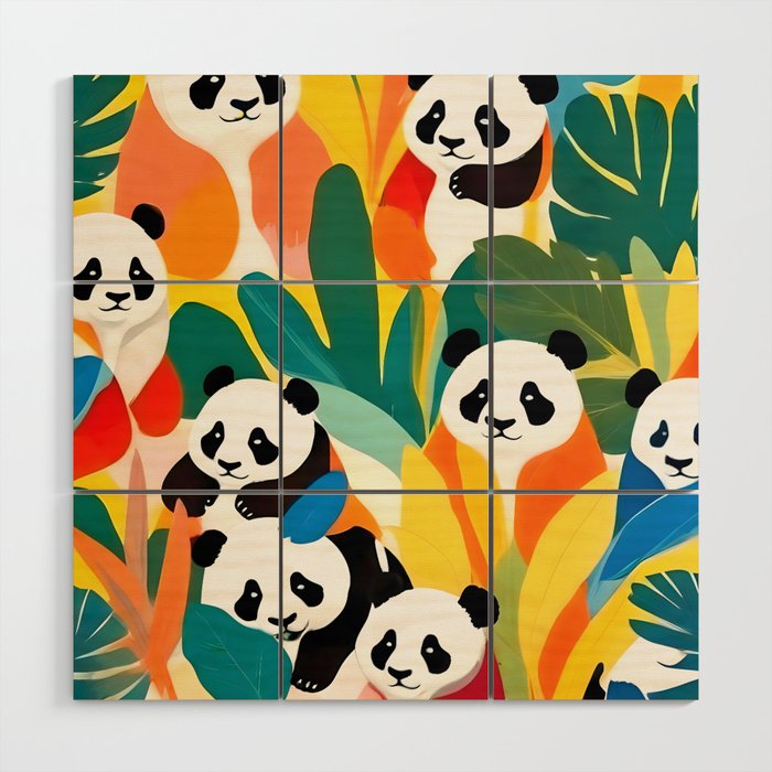 Pandas & Tropical, Nature Botanical Jungle Boho, Plants Wildlife Cute Animals, Funny Eclectic Summer Contemporary Painting Illustration  Wood Wall Art Gallery Image 1