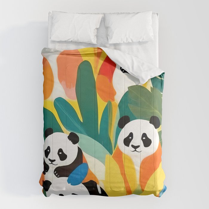 Pandas & Tropical, Nature Botanical Jungle Boho, Plants Wildlife Cute Animals, Funny Eclectic Summer Contemporary Painting Illustration  Comforter Gallery Image 6