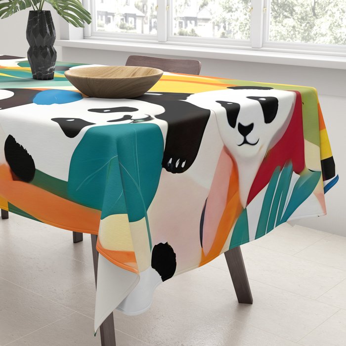 Pandas & Tropical, Nature Botanical Jungle Boho, Plants Wildlife Cute Animals, Funny Eclectic Summer Contemporary Painting Illustration  Tablecloth Gallery Image 3