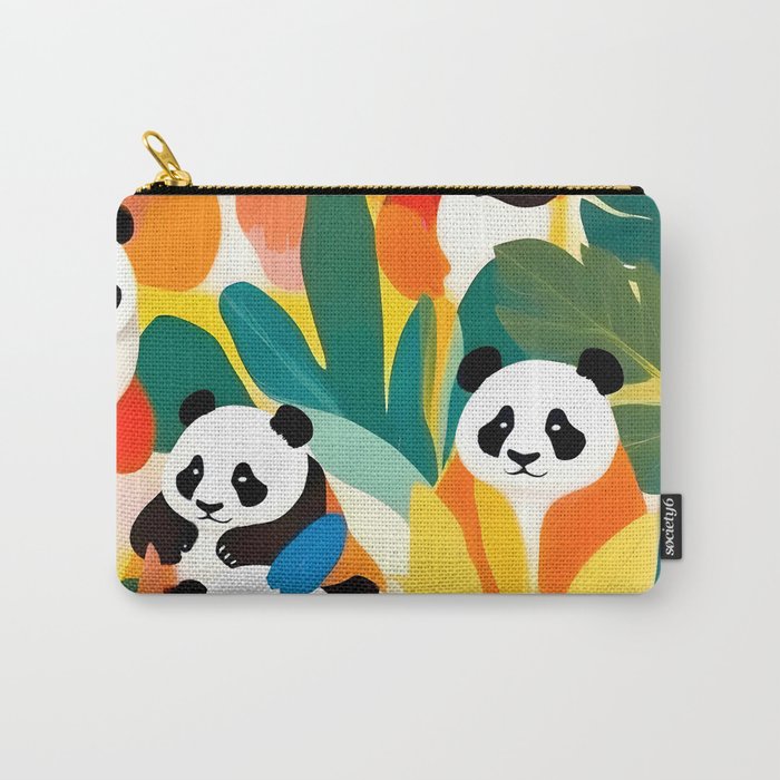Pandas & Tropical, Nature Botanical Jungle Boho, Plants Wildlife Cute Animals, Funny Eclectic Summer Contemporary Painting Illustration  Carry All Pouch Gallery Image 1