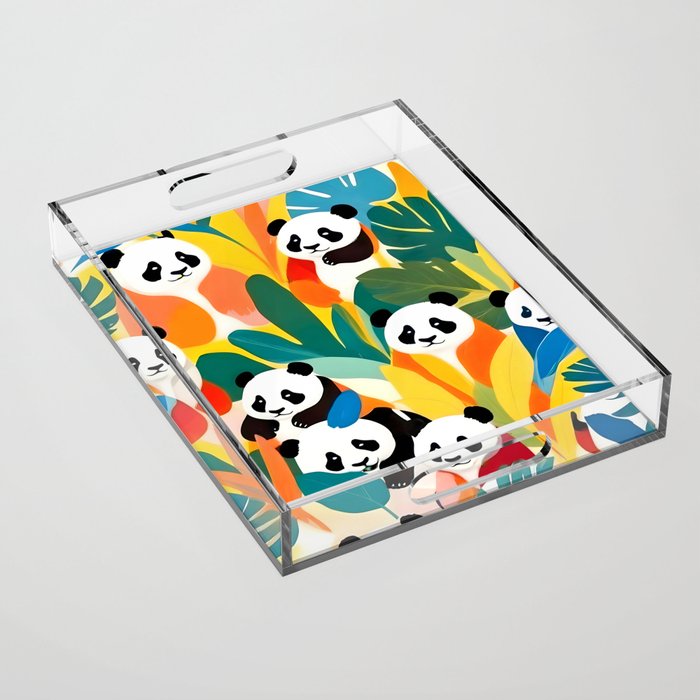 Pandas & Tropical, Nature Botanical Jungle Boho, Plants Wildlife Cute Animals, Funny Eclectic Summer Contemporary Painting Illustration  Acrylic Tray Gallery Image 1