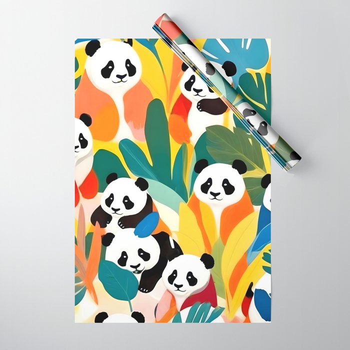 Pandas & Tropical, Nature Botanical Jungle Boho, Plants Wildlife Cute Animals, Funny Eclectic Summer Contemporary Painting Illustration  Wrapping Paper Gallery Image 1