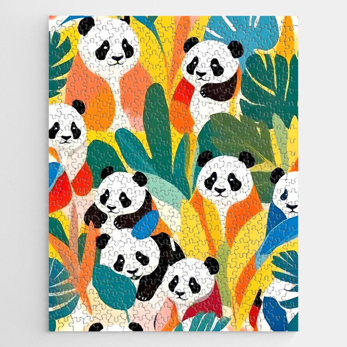 Pandas & Tropical, Nature Botanical Jungle Boho, Plants Wildlife Cute Animals, Funny Eclectic Summer Contemporary Painting Illustration  Jigsaw Puzzle Gallery Image 1