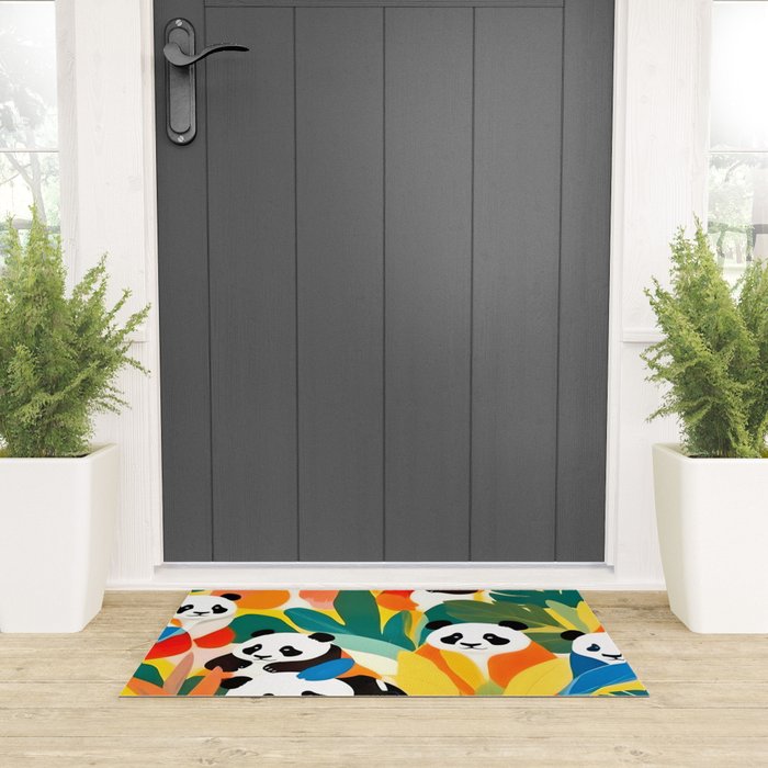 Pandas & Tropical, Nature Botanical Jungle Boho, Plants Wildlife Cute Animals, Funny Eclectic Summer Contemporary Painting Illustration  Welcome Mat Gallery Image 3