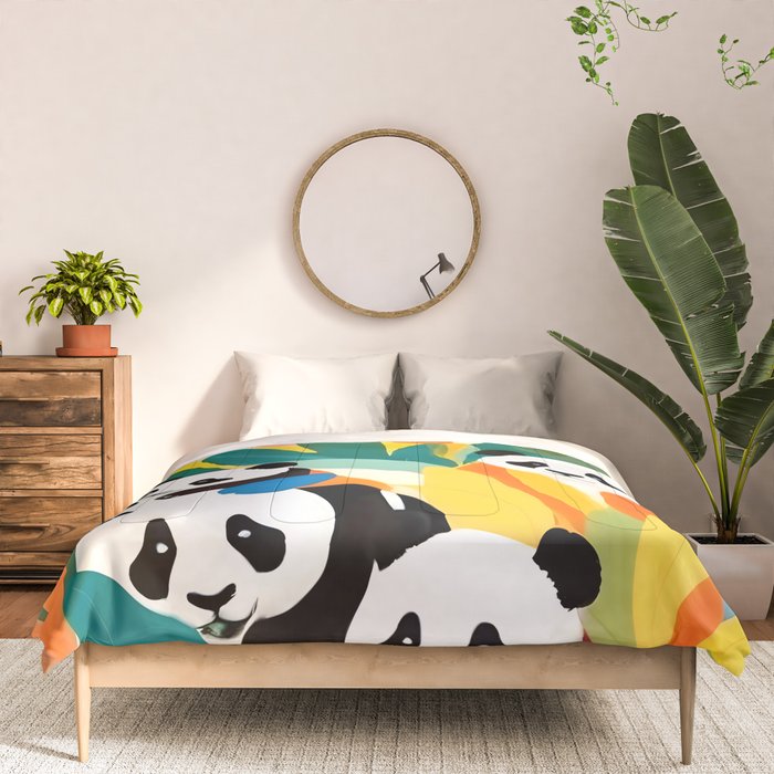 Pandas & Tropical, Nature Botanical Jungle Boho, Plants Wildlife Cute Animals, Funny Eclectic Summer Contemporary Painting Illustration  Comforter Gallery Image 3