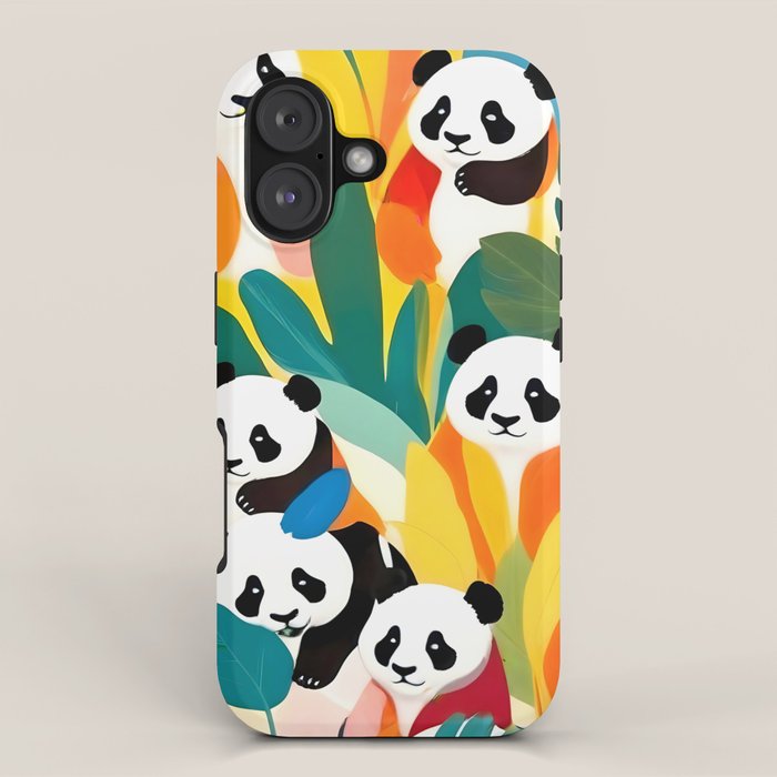 Pandas & Tropical, Nature Botanical Jungle Boho, Plants Wildlife Cute Animals, Funny Eclectic Summer Contemporary Painting Illustration  iPhone Case Gallery Image 1
