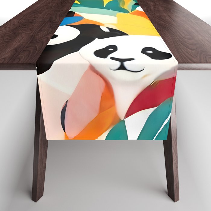 Pandas & Tropical, Nature Botanical Jungle Boho, Plants Wildlife Cute Animals, Funny Eclectic Summer Contemporary Painting Illustration  Table Runner Gallery Image 1