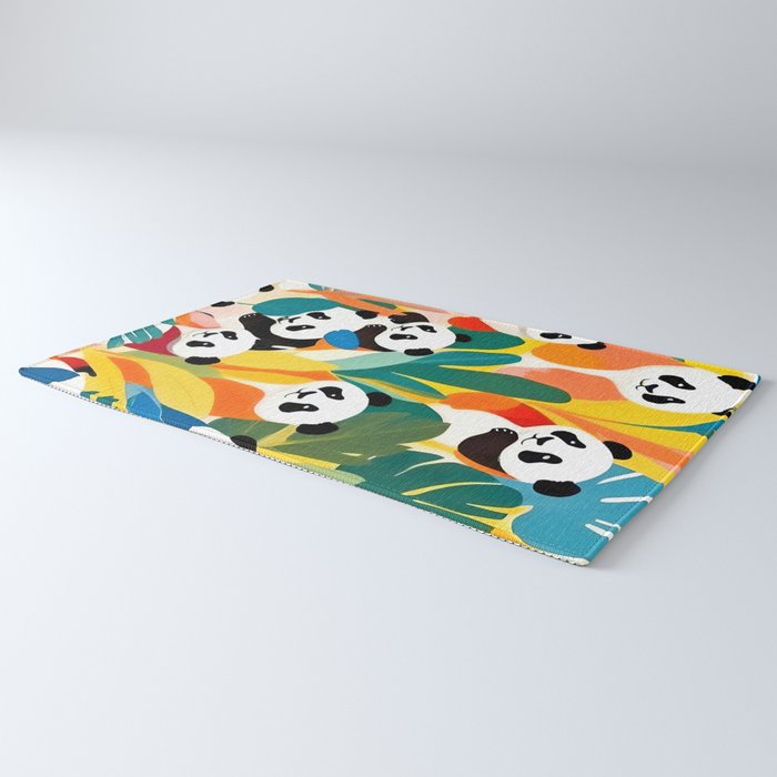 Pandas & Tropical, Nature Botanical Jungle Boho, Plants Wildlife Cute Animals, Funny Eclectic Summer Contemporary Painting Illustration  Rug Gallery Image 3