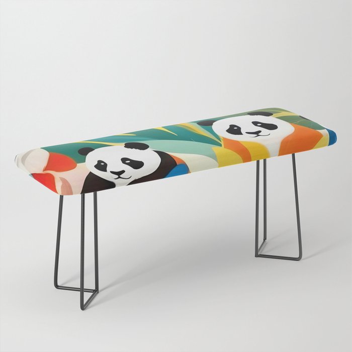 Pandas & Tropical, Nature Botanical Jungle Boho, Plants Wildlife Cute Animals, Funny Eclectic Summer Contemporary Painting Illustration  Bench Gallery Image 1