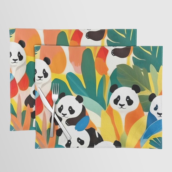 Pandas & Tropical, Nature Botanical Jungle Boho, Plants Wildlife Cute Animals, Funny Eclectic Summer Contemporary Painting Illustration  Placemat Gallery Image 1