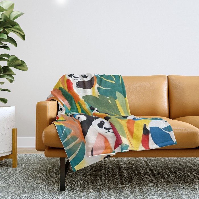Pandas & Tropical, Nature Botanical Jungle Boho, Plants Wildlife Cute Animals, Funny Eclectic Summer Contemporary Painting Illustration  Throw Blanket Gallery Image 1