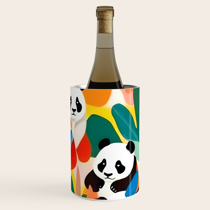 Pandas & Tropical, Nature Botanical Jungle Boho, Plants Wildlife Cute Animals, Funny Eclectic Summer Contemporary Painting Illustration  Wine Chiller Gallery Image 2