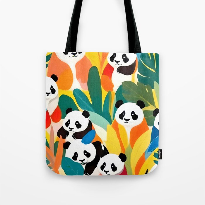 Pandas & Tropical, Nature Botanical Jungle Boho, Plants Wildlife Cute Animals, Funny Eclectic Summer Contemporary Painting Illustration  Tote Bag Gallery Image 1