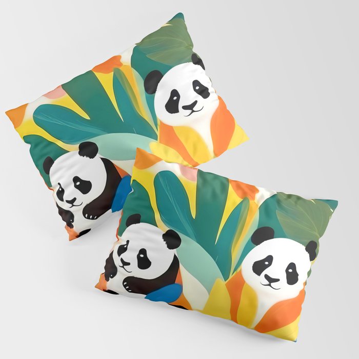 Pandas & Tropical, Nature Botanical Jungle Boho, Plants Wildlife Cute Animals, Funny Eclectic Summer Contemporary Painting Illustration  Pillow Sham Gallery Image 3