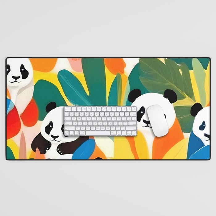 Pandas & Tropical, Nature Botanical Jungle Boho, Plants Wildlife Cute Animals, Funny Eclectic Summer Contemporary Painting Illustration  Desk Mat Gallery Image 1