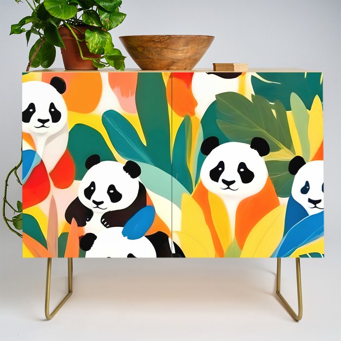Pandas & Tropical, Nature Botanical Jungle Boho, Plants Wildlife Cute Animals, Funny Eclectic Summer Contemporary Painting Illustration  Credenza Gallery Image 1