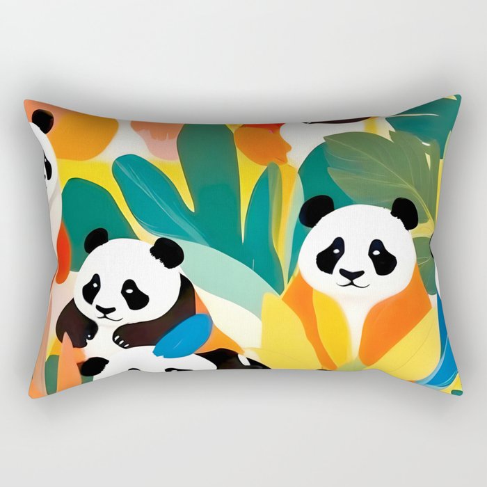 Pandas & Tropical, Nature Botanical Jungle Boho, Plants Wildlife Cute Animals, Funny Eclectic Summer Contemporary Painting Illustration  Rectangular Pillow Gallery Image 1