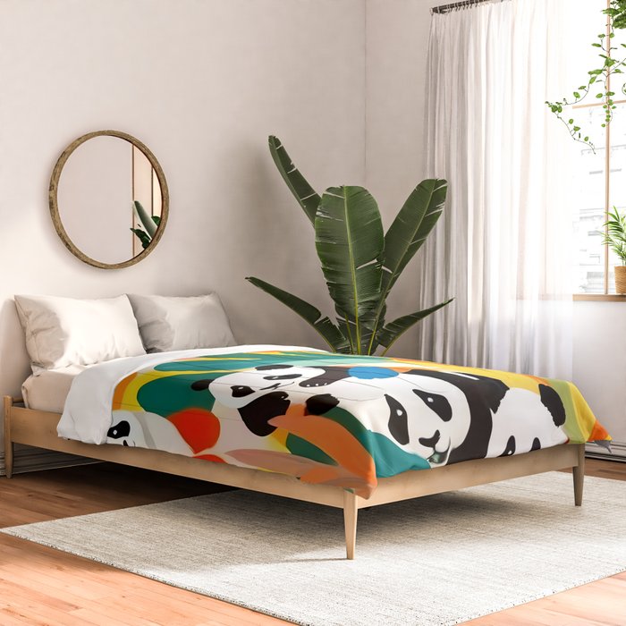 Pandas & Tropical, Nature Botanical Jungle Boho, Plants Wildlife Cute Animals, Funny Eclectic Summer Contemporary Painting Illustration  Comforter Gallery Image 2