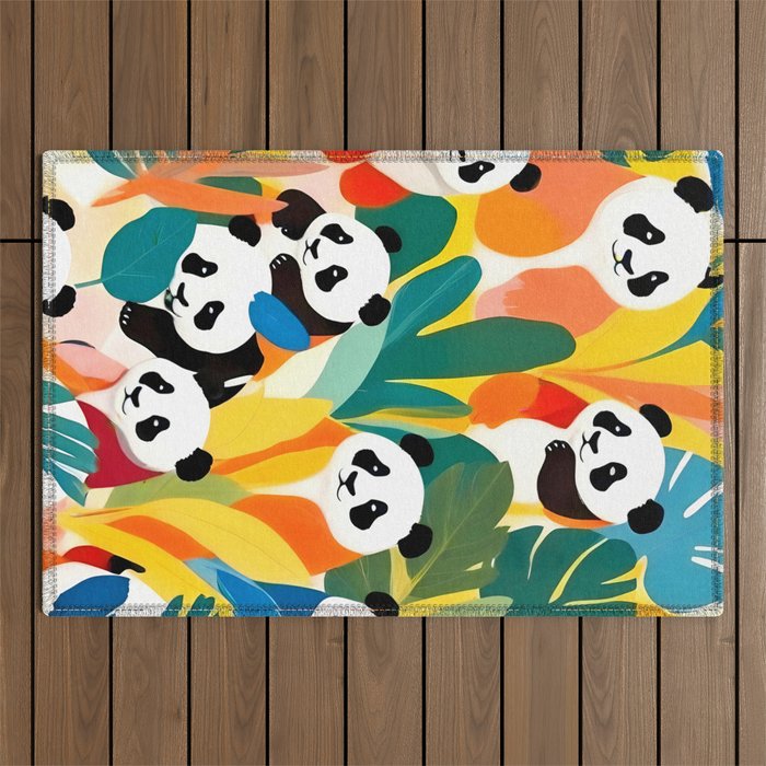 Pandas & Tropical, Nature Botanical Jungle Boho, Plants Wildlife Cute Animals, Funny Eclectic Summer Contemporary Painting Illustration  Outdoor Rug Gallery Image 1