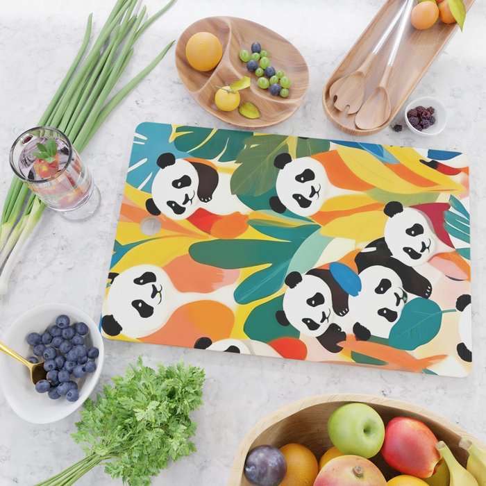 Pandas & Tropical, Nature Botanical Jungle Boho, Plants Wildlife Cute Animals, Funny Eclectic Summer Contemporary Painting Illustration  Cutting Board Gallery Image 2