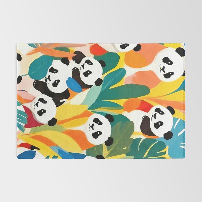 Pandas & Tropical, Nature Botanical Jungle Boho, Plants Wildlife Cute Animals, Funny Eclectic Summer Contemporary Painting Illustration  Rug Gallery Image 2