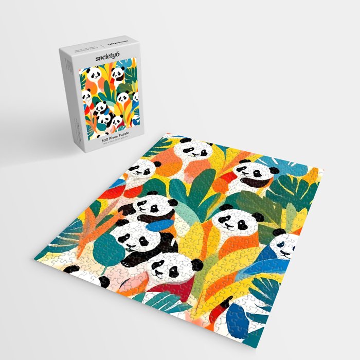 Pandas & Tropical, Nature Botanical Jungle Boho, Plants Wildlife Cute Animals, Funny Eclectic Summer Contemporary Painting Illustration  Jigsaw Puzzle Gallery Image 2