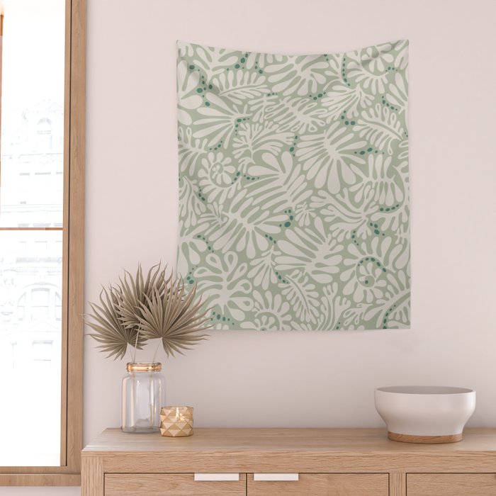 Matisse minimalistic leave pattern light sage green Wall Tapestry Gallery Image 2