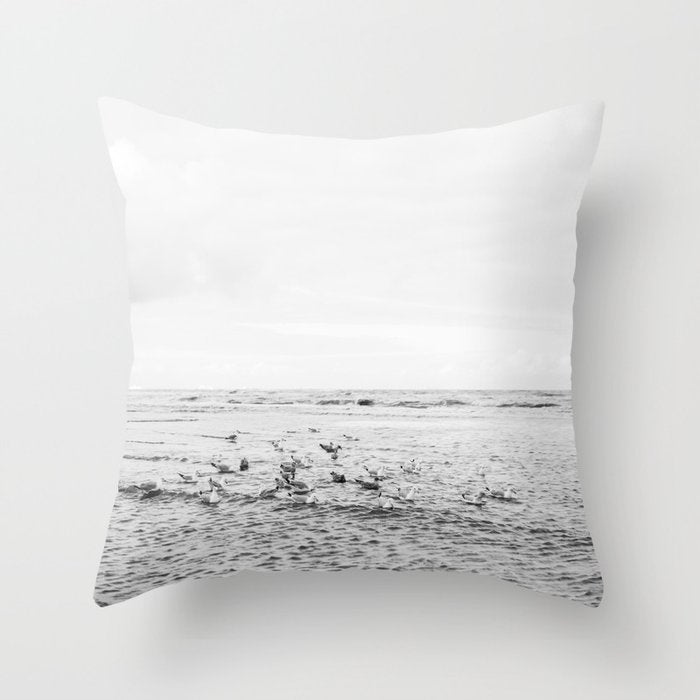 Seagulls II  | Fine art black and white beach photography | The Netherlands Throw Pillow Gallery Image 1