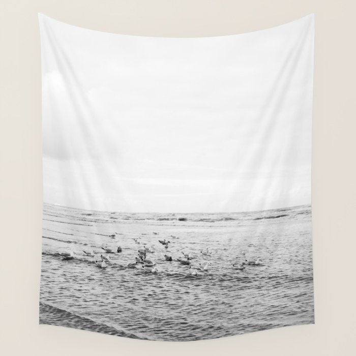 Seagulls II  | Fine art black and white beach photography | The Netherlands Wall Tapestry Gallery Image 4