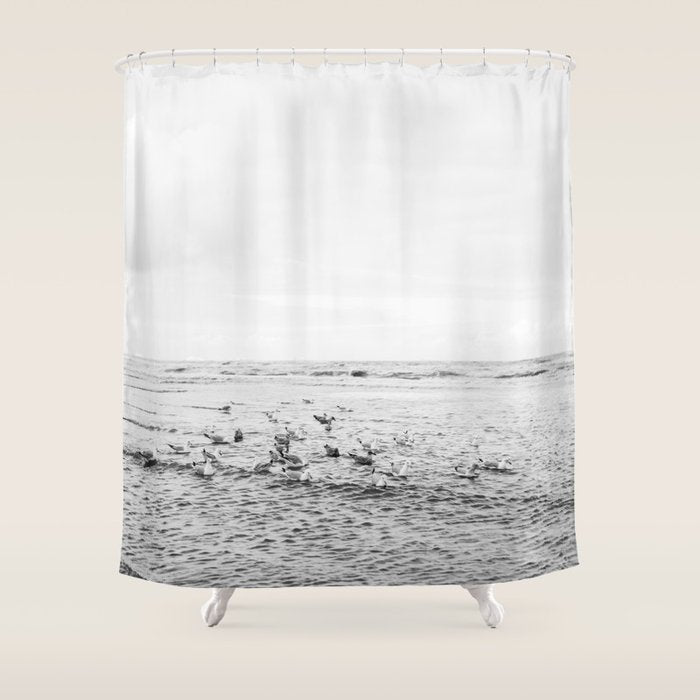 Seagulls II  | Fine art black and white beach photography | The Netherlands Shower Curtain Gallery Image 1