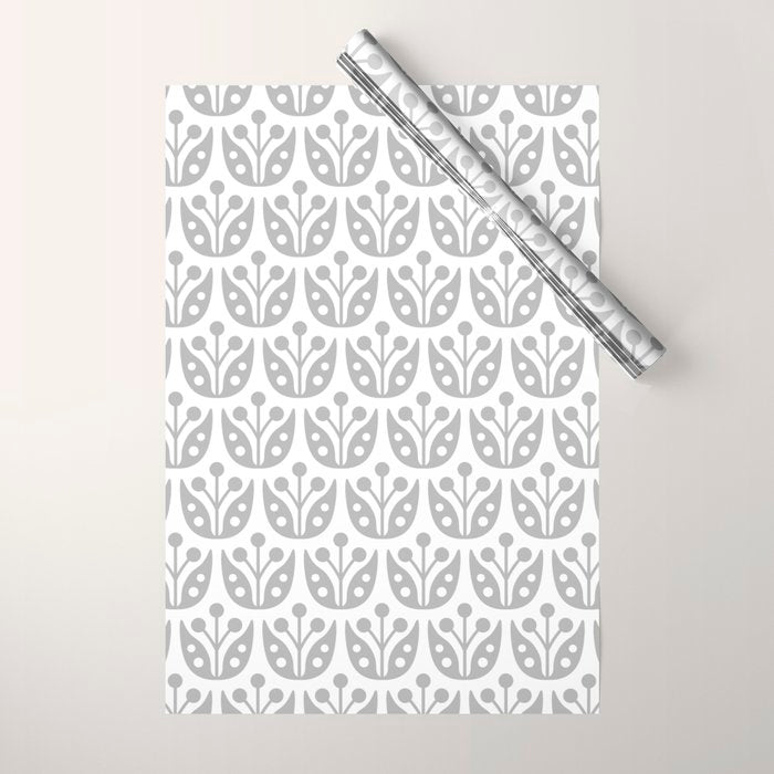 Mid Century Flower Pattern Gray Wrapping Paper Gallery Image 1
