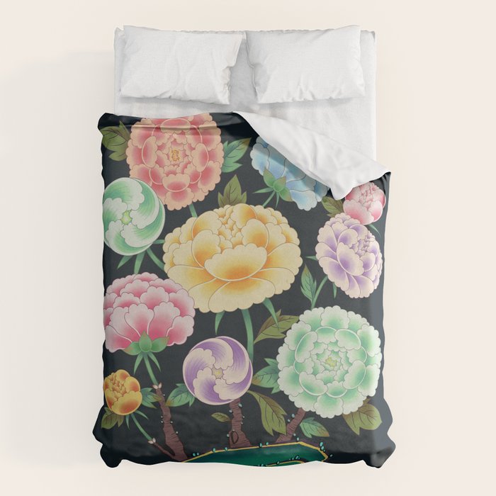 Minhwa(Korean traditional/folk art): Peony Flowers and Rock Duvet Cover Gallery Image 1