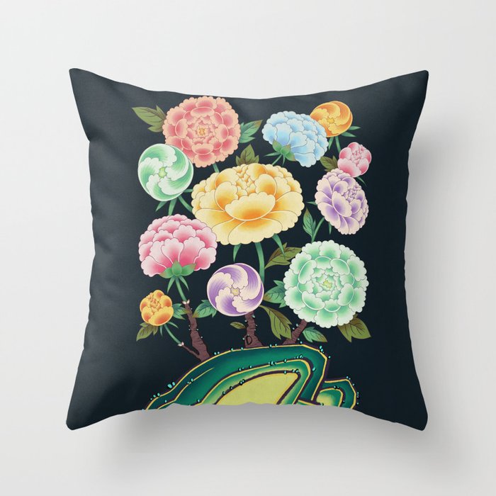 Minhwa(Korean traditional/folk art): Peony Flowers and Rock Throw Pillow Gallery Image 6