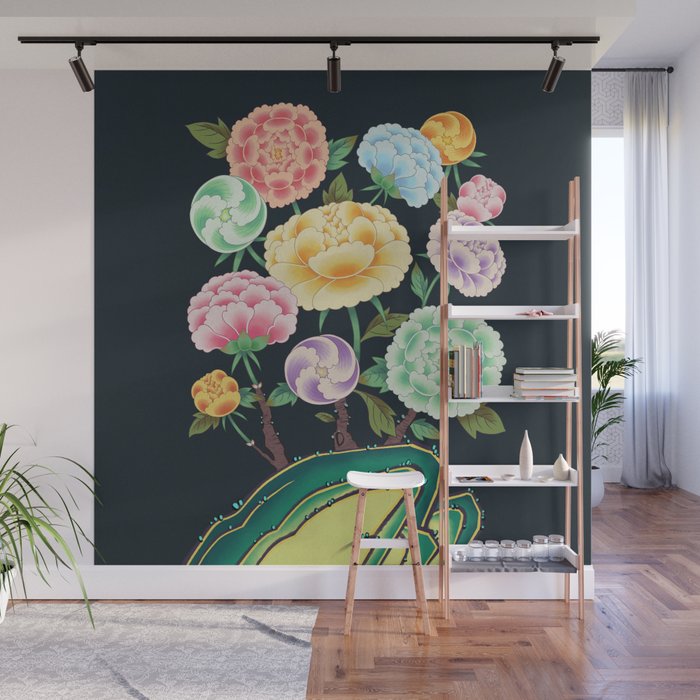 Minhwa(Korean traditional/folk art): Peony Flowers and Rock Wall Mural Gallery Image 1