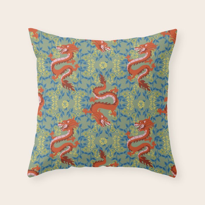 Floral Dragon Chinoiserie  Throw Pillow Gallery Image 6