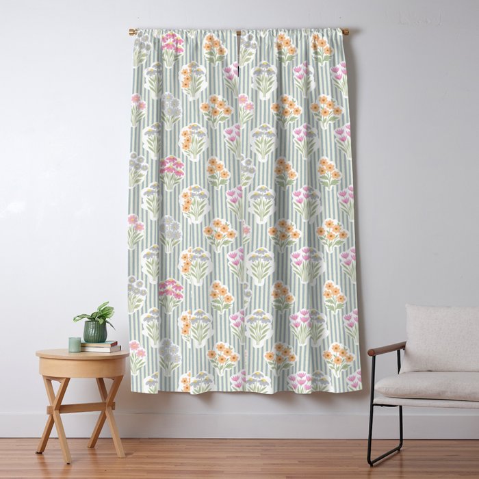 Ditsy Flower Sticker Bouquets on Blue and Cream Pinstripes Window Curtain Gallery Image 1