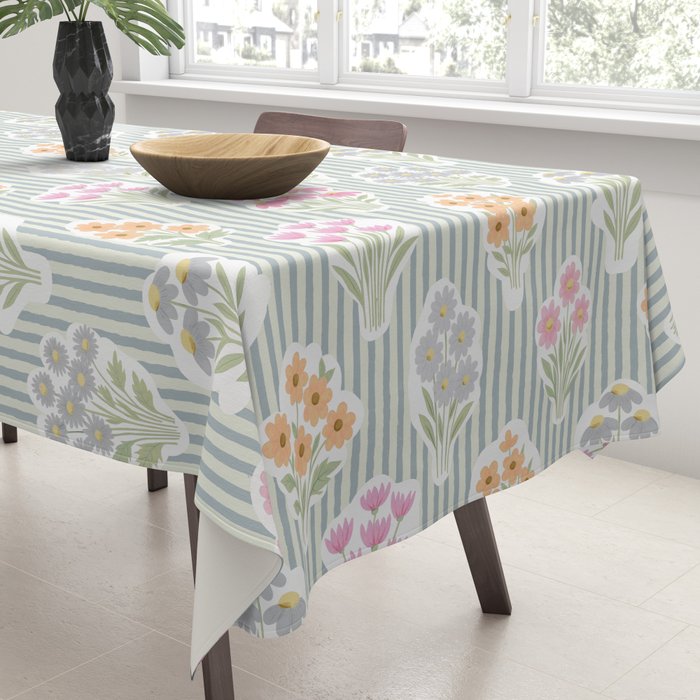 Ditsy Flower Sticker Bouquets on Blue and Cream Pinstripes Tablecloth Gallery Image 3