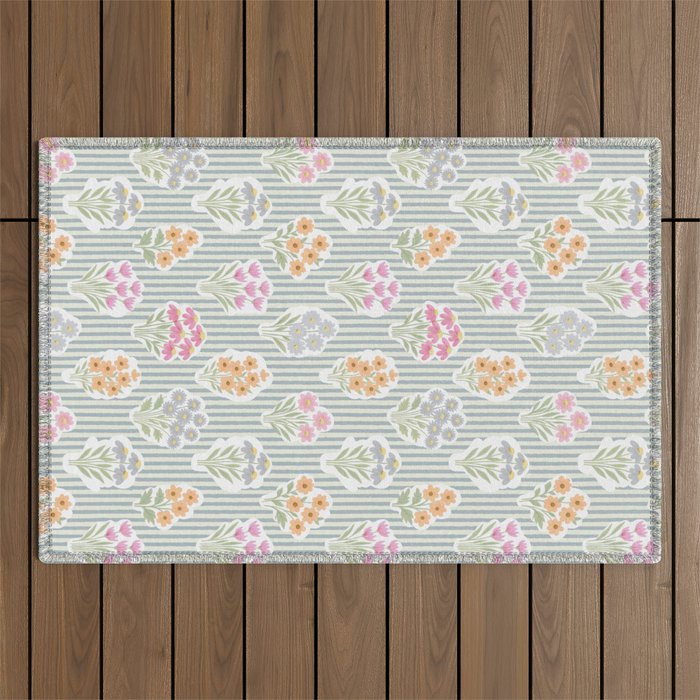 Ditsy Flower Sticker Bouquets on Blue and Cream Pinstripes Outdoor Rug Gallery Image 1
