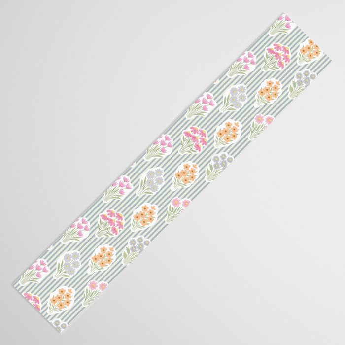 Ditsy Flower Sticker Bouquets on Blue and Cream Pinstripes Table Runner Gallery Image 3