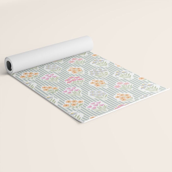 Ditsy Flower Sticker Bouquets on Blue and Cream Pinstripes Yoga Mat Gallery Image 2